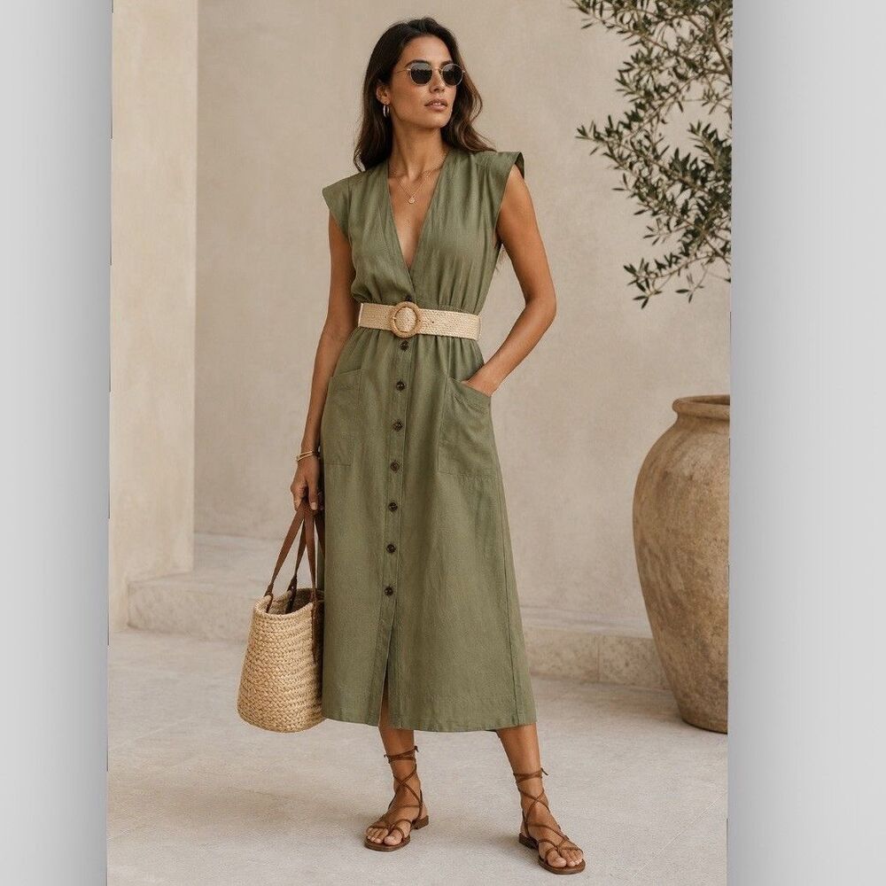 Reiss Emma Khaki Green Linen Blend Plunge Midi Shirt Dress NWT US 8 *NO BELT*